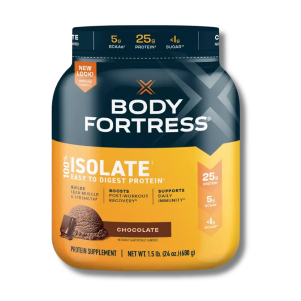 Body Fortress 100% ISOLATE - 1.5 lbs / 20 servicios, chocolate