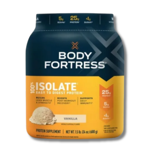 Body Fortress 100% ISOLATE - 1.5 lbs / 21 servicios, vainilla