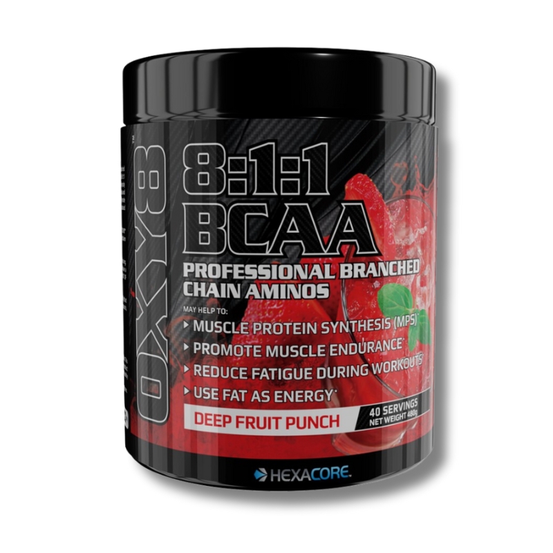 xr:d:DAFkunY-r0w:3,j:5503791066913861940,t:23060400 OXY 8 BCAA 8:1:1 - 480 grs / 40 servicios, deep fruit punch - Imagen 1